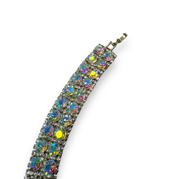 Aurora Borealis Crystal Rhinestone Bracelet 6.75" Fold Over Clasp Vintage - Picture 4 of 8